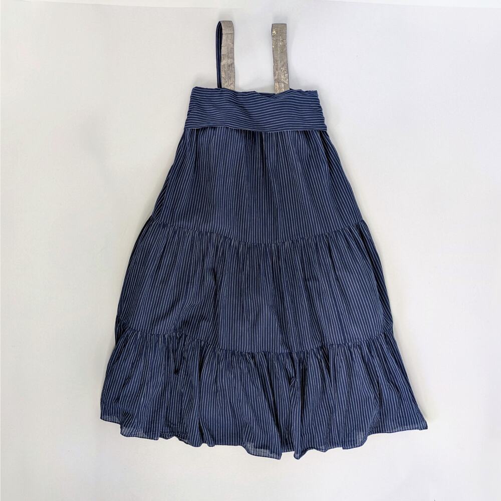 Ulla Johnson Bess Dress 2 Blue Stripe Silver Tiered Midi Pockets Shoulder Bow